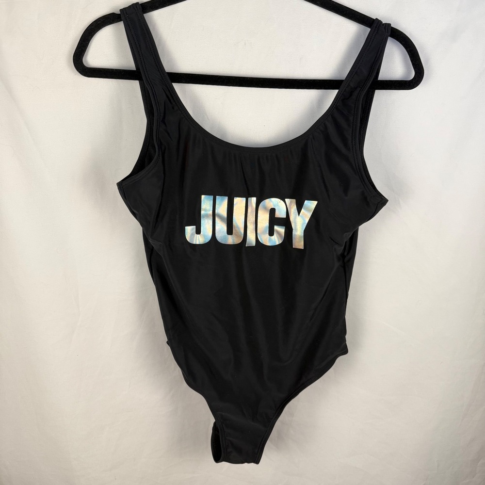 Juicy Couture Black Iredescent Logo‎ One Piece Cheeky Bathing Suit Size Large